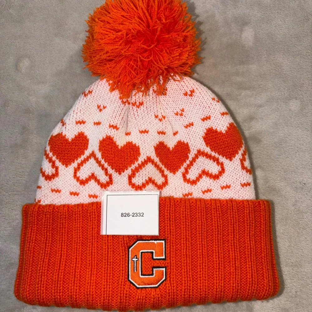 Logofit Campbell University Beanie Orange White Heart Pom Pom Knit Hat OSFM